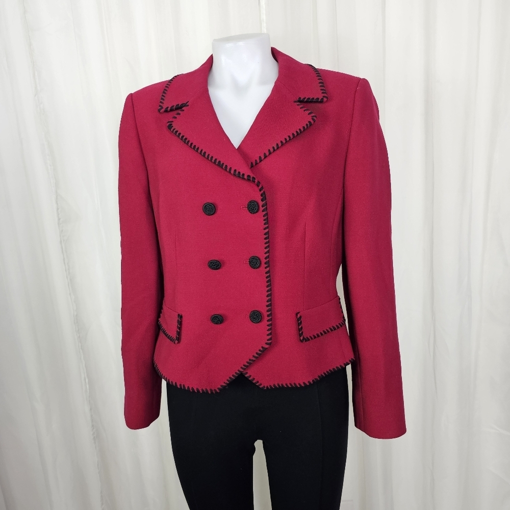 Tahari Berry Red Double-Breasted Wool Jacket Whip Stitch Trim 12